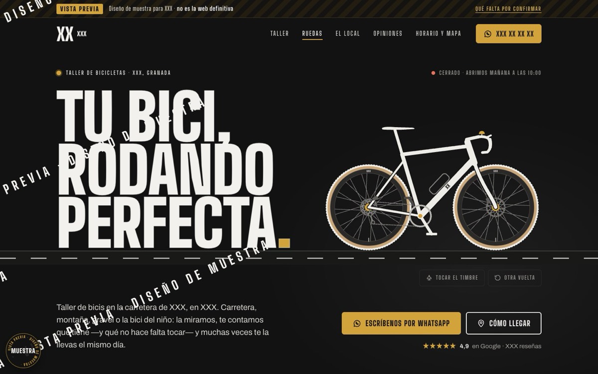 Portada de una demo de web para un taller de bicicletas (nombre oculto)